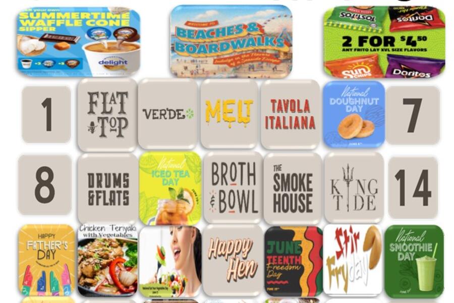 Graphic calendar showing food specials offered in June